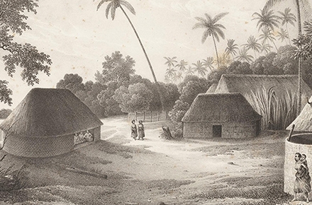 A sketch of villagers and huts in an early Tongan village.