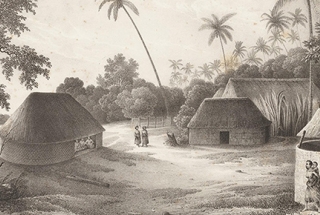 A sketch of villagers and huts in an early Tongan village.